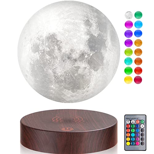 UVEHAS Schwebende Mondlampe 16 Farben Magnetische Levitation schwebende 3D-Druck LED Mond Licht Spinning in Air Luna Nachtlichter mit Fernbedienung für Desk Dekoration Kreatives Geschenk, Runde Basis von UVEHAS