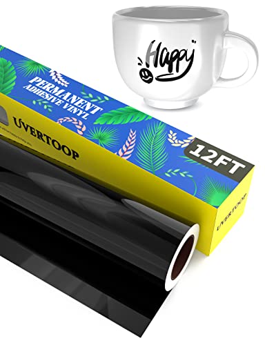 UVERTOOP Permanent klebendes Vinyl in glänzend Schwarz – 30,5 x 366 cm (12 Zoll x 12 Fuß) Craft Vinyl-Rolle für Cricut, Silhouette Cameo und andere für Tasse, Auto, Fenster, andere DIY-Projekte von UVERTOOP