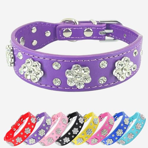 Hundehalsband mit Strass-Blume, glitzerndes Leder, für kleine und mittelgroße Hunde (Lila, S) von UVONOKAY