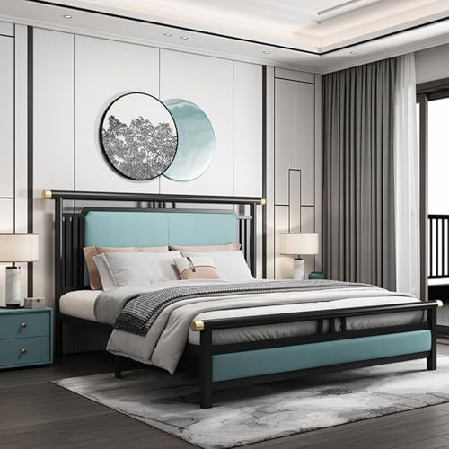Queen-Size-Metallbettgestell, Klassisches Chinesisches Vintage-Bettgestell, Gepolstertes Kopfteil, Stahlunterstützung, Hohe Tragfähigkeit(Blue) von UVPSJDE
