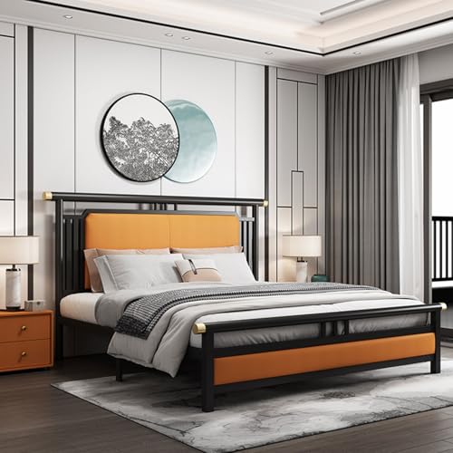 Queen-Size-Metallbettgestell, Klassisches Chinesisches Vintage-Bettgestell, Gepolstertes Kopfteil, Stahlunterstützung, Hohe Tragfähigkeit(Brown) von UVPSJDE