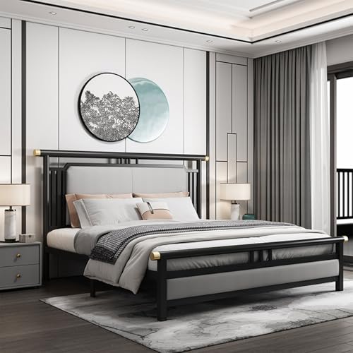 Queen-Size-Metallbettgestell, Klassisches Chinesisches Vintage-Bettgestell, Gepolstertes Kopfteil, Stahlunterstützung, Hohe Tragfähigkeit(Gray) von UVPSJDE