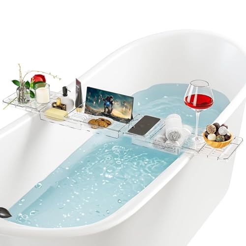 UVVRUR Badewannenablage aus Kunststoff Verstellbar Badewannenablage Transparent mit Wasserablauf Badewannentablett für Tablet und Bücher von UVVRUR