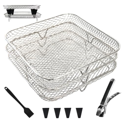 Airfryer Rack, Luftfritteuchenträger 3 Schicht 8x8x3.5 Fine Mesh Edelstahl Flugfryer mit 8 Silikonfet von UWEOTYYY