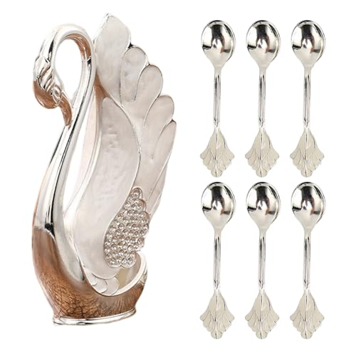 Kaffeelöffel Halter dekorative Schwan -Basishalter mit 6 Dessertlöffel Set Metall Swan Basis Löffel Organizer Fläche Silber von UWEOTYYY