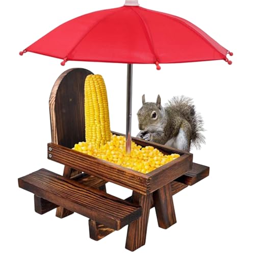 UWEOTYYY Squirrel Picnic Table Feeder with Umbrella Wooden Squirrel Feeder for Outside Cute Chipmunk with Two Benches House for Small Animals Brown von UWEOTYYY