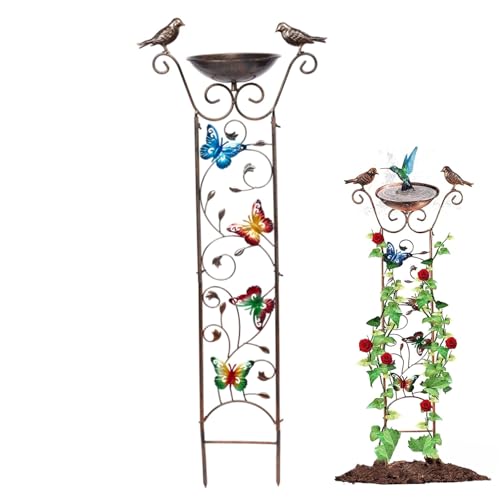 UWEOTYYY Vogelbad mit Garten Gitter 2-in-1 Metall Vogelwasserfuttermittel mit dekorativem Schmetterling abnehmbar freier Vogel Wasserspender Retro Stehbar Vogelhäuschen von UWEOTYYY