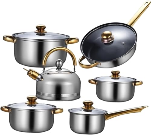 Kochgeschirr Set Töpfe und Pfannen Set 6 Stück Edelstahl Kochset Tragbar mit Glasdeckel Kochgeschirr Töpfe und Pfannen Set für Zuhause Kochen Topfset Cookin von UWEREBFM