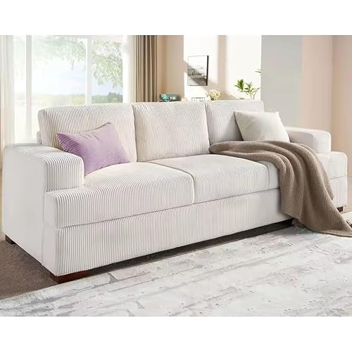UWSKLAOJDF Bequeme Couch, 3-Sitzer-Sofa, 226 cm, mit Holzbeinen, tiefer Sitz, weißes Cord-Sofa, Couch für Wohnzimmer (einfarbig) von UWSKLAOJDF