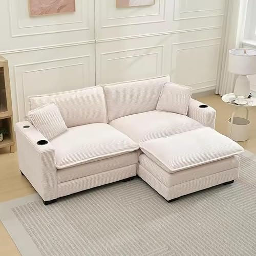 UWSKLAOJDF Corduroy Cloud Sectional Couch Modular Oversized Loveseat Sofa with Ottoman Cup Holders Comfy 2 Seater Love Seat von UWSKLAOJDF