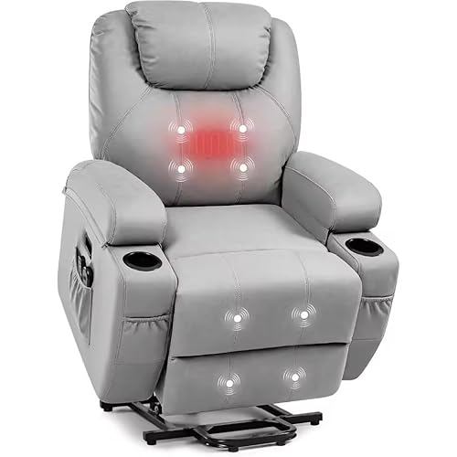 UWSKLAOJDF Power Lift Relaxsessel mit Wärmemassage für ältere Menschen, Kunstleder, Liegesessel mit Getränkehaltern von UWSKLAOJDF