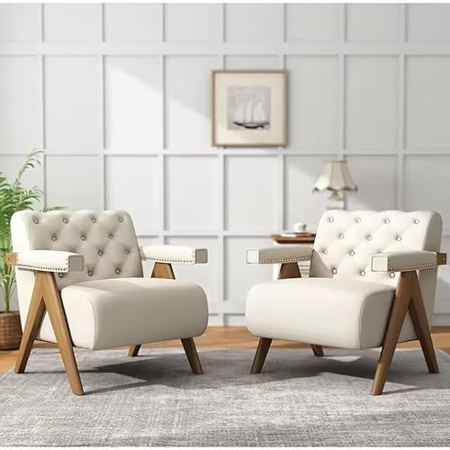 UWSKLAOJDF Stuhl-Set, Mitte des Jahrhunderts, 2 Stück, mit Armlehnen und Beinen aus Holz, bequem, gepolstert, Samt, breiter Sessel, Sofa, Wohnzimmerstühle (Beige) von UWSKLAOJDF