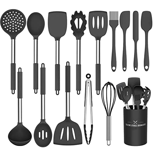 UXIYI Küchenutensilien-Set, 15-teilige Silikon-Kochutensilien mit Edelstahlgriff, Antihaft-Utensilien-Set, Küchenutensilien & Gadgets,Schwarz von UXIYI