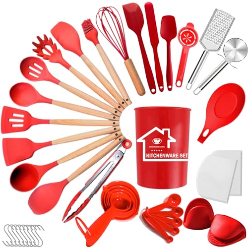 UXIYI Silikon-Küchenutensilien-Set, 43-teiliges Silikon-Küchen-Kochutensilien-Set, Küchenwerkzeug-Pfannenwender-Set mit Halterung zum Kochen Antihaft-Halter,Rot von UXIYI