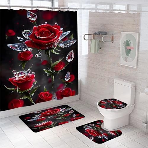 UXIYI Valentinstag Duschvorhang Set, Romantische rote Rose Blumen Duschvorhang Set mit rutschfestem Teppich WC-Deckelabdeckung Badematte,Red 2 von UXIYI