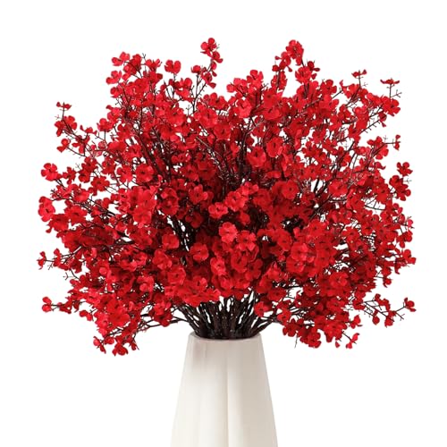 UXORSN 10 Stück Künstliche Blumen Schleierkraut Künstlich Gypsophila Sträuße Getrocknete Seide Kunstblumen wie Echt Fake Babysbreath Pflanze Dekor für Vase Hochzeit Blumenstrauß Party Tisch (Rot) von UXORSN