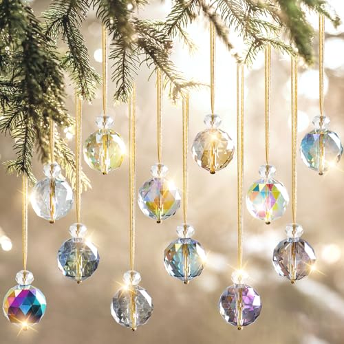 UXORSN 12 Stück Weihnachtskugeln Kristall 25 mm Christbaumkugeln Klein Weihnachtsbaumkugeln Ornamente Regenbogen Prisma Weihnachtsbaumschmuck Bunt Kugeln für Party Zuhause Weihnachtsdeko von UXORSN