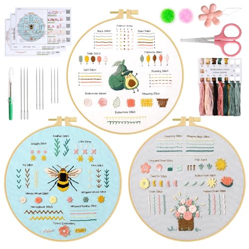 UXORSN 3 Sets Stickset für Anfänger Stickerei Set Sticken Set Erwachsene Lernen 28 Verschiedene Stiche Embroidery Starter Kit Kreuzstich-Kit mit Druckmuster Fäden Nadeln Stickrahmen Videolehrgang von UXORSN