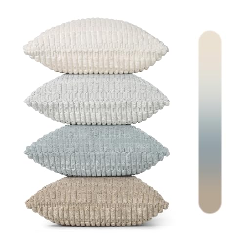 UXORSN 4er Set Boho Kissenbezug 45x45cm Grau Beige Blau Kordsamt Weiche Kissenbezüge Kissenhülle Sofakissen Dekokissen Flauschig Farbverlauf Zierkissenbezug für Sofa Schlafzimmer Wohnzimmer Kissen von UXORSN