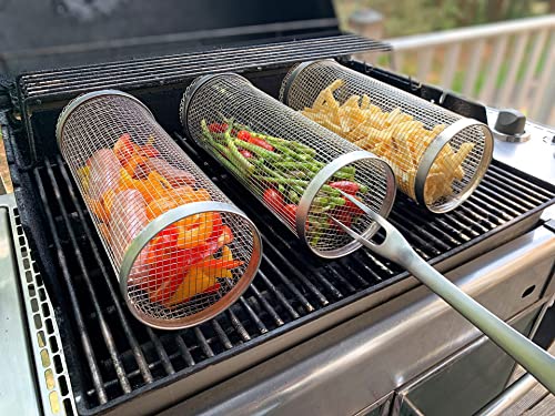 Rolling Grill Basket | Stainless Steel Grill Basket Oven Grill Basket Cylinder Grill Basket Grill Rack for Outdoor Grill Vegetables, French Fries | Grill Cooking Accessories (20cm/7.87inches, 3PCS) von UYOE