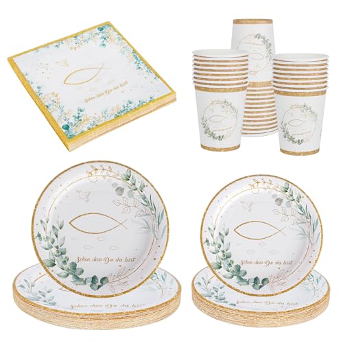 UYOTBKEUB Partygeschirr Set Schön Dass Du Da Bist, 100 Stück Kommunion Deko Servietten, Pappbecher und Pappteller Fisch Eukalyptus, Tischdeko für Taufe, Kommunion, Konfirmation für 25 Gäste UYOTBKEUB Partygeschirr Set Schön Dass Du Da Bist, 100 Stück Kommunion Deko Servietten, Pappbecher und Pappteller Fisch Eukalyptus, Tischdeko für Taufe, Kommunion, Konfirmation für 25 Gäste von UYOTBKEUB