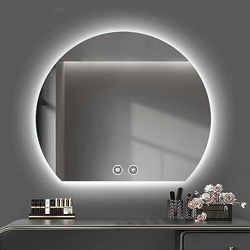 UYSELA Halbkreis-Badezimmerspiegel,Badezimmer-Wandspiegel,Demister-Touch-Kosmetikspiegel,3-farbig dimmbarer beleuchteter Wandspiegel,Wandmontage mit Single-Touch- und Double-Touch-Taste (Farbe: von UYSELA