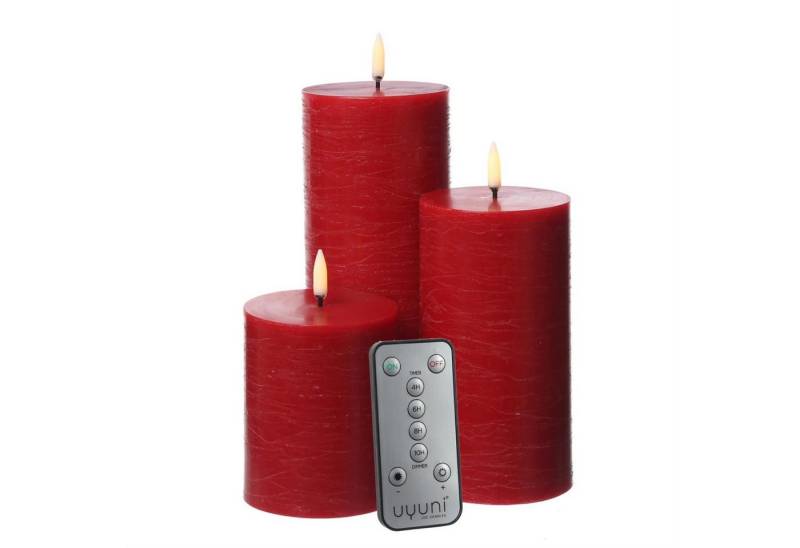 UYUNI Lighting LED-Kerze LED Kerzenset PIA Uyuni Rustik-Optik 3 Größen rot mit Batterien Fernb. (3-tlg) von UYUNI Lighting