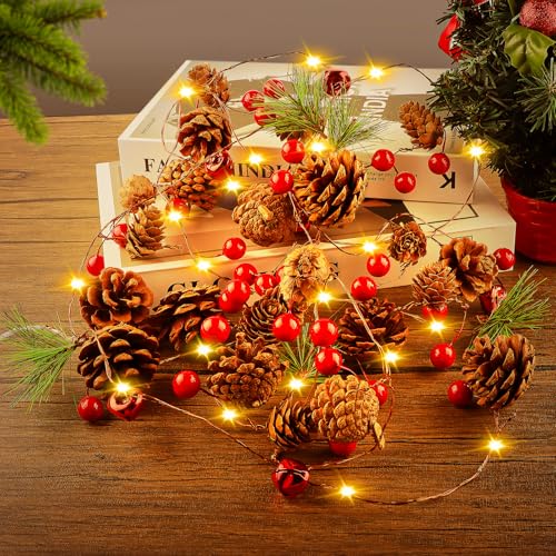 UYUYong Weihnachts-tannenzapfen-lichterketten 3 M 30 LEDs Rote Beerengirlande mit Lichtern Glöckchen Kiefernzapfen Weihnachtsbeleuchtung, für Baum Mantel Kamin Treppen Geländer Tür Innen Außen Deko von UYUYong
