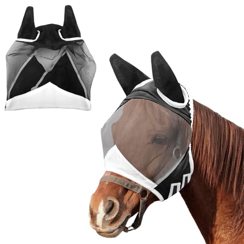 UYUYong Fliegenschutzmaske Ohrenschutz Fliegenmaske Atmungsaktiv Fine Mesh Verstellbare Fly Buckler für Warmblut, Vollblut Pferde Schwarz Größe L 54 x 33 cm von UYUYong