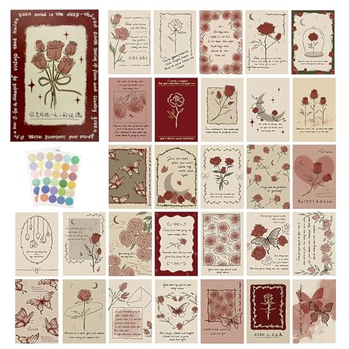 UYXiNONE Wand-Collage-Set, Vintage-Rose, Wandkunst, Schlafzimmer, ästhetisch, Wandcollage zum Selbermachen, Mini-Poster, Vintage-Postkarten, 30-teilig von UYXiNONE