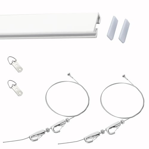 UZAMIRLEX Bildaufhängung Draht Kit, Schiene + Drahtseil mit Haken + D-Ring + Endkappe(3.3"/1m Cable,60"/152cm Track) von UZAMIRLEX