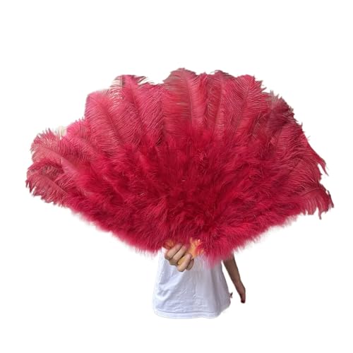 UZAMIRLEX Straußenfedern-Fächer, Großer 13 Bone 100CM 130CM Handventilator mit Federn(Wine Red,Left Hand 100CM) von UZAMIRLEX