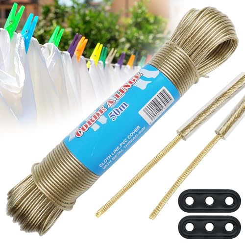 UZSUZZ Wäscheleine 50m Extra Stark mit Stahleinlage, Reißfeste und PVC-beschichtete Wäscheleine für Garten, Camping und Haushalt – Robustes Wäscheseil, Dehnungsfrei und Witterungsbeständig von UZSUZZ