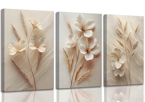 3 Stück neutrale beige Blumen botanische Leinwand Wandkunst Moderne einfache Textur Blume Pflanze Gemälde Bild Wanddekoration Vintage Blüte Poster Druck Kunstwerk für Wohnzimmer Schlafzimmer von UZXTFQU