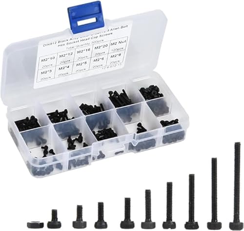 Uadme M2 Innensechskant Schrauben Set, 300 Stück, M2 x 3-20 mm, Legierter Stahl, Kfz-Wartung, Maschinenreparatur, Haushaltsgebrauch, Schwarz von Uadme