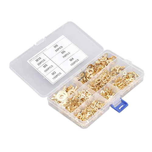 Uadme Ringkabelschuhe Messing, 540 Stück Rund Kabelverbinder Ringkabelschuh Kit M3 M4 M5 M6 M8 M10 O-förmige Drahtverbinder, Terminals aus Kupfer Nicht Isolierte Terminal von Uadme