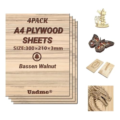 Uadme Sperrholzplatte 3mm A4, Lasergravur Rohlinge Holz, 4 Stück Unbehandeltes Holz für Lasergravur, CNC-Schneiden, Bastelmalerei, Modellierung, Gravierte Heimdekoration(Bassen Walnussholz) von Uadme