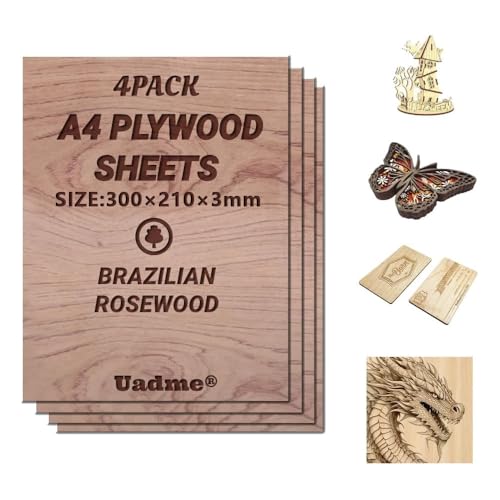 Uadme Sperrholzplatte 3mm A4, Lasergravur Rohlinge Holz, 4 Stück Unbehandeltes Holz für Lasergravur, CNC-Schneiden, Bastelmalerei, Modellierung, Gravierte Heimdekoration(Brasilianisches Palisander) von Uadme