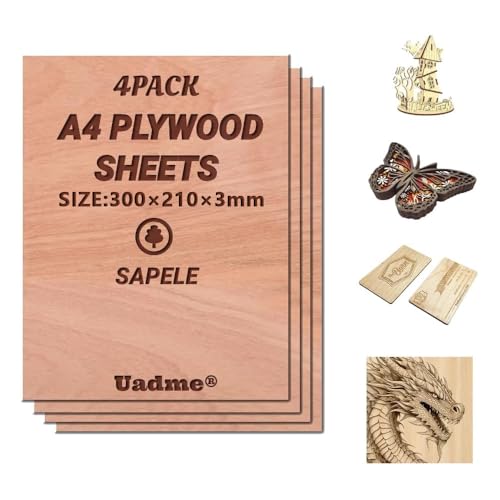 Uadme Sperrholzplatte 3mm A4, Lasergravur Rohlinge Holz, 4 Stück Unbehandeltes Holz für Lasergravur, CNC-Schneiden, Bastelmalerei, Modellierung, Gravierte Heimdekoration(Sapeliholz) von Uadme