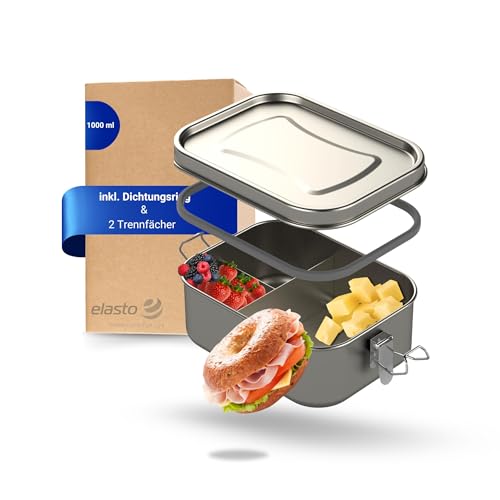 Uakeii Edelstahl Brotdose mit Trennfach [1300ml] Auslaufsichere Lunchbox aus Metall Brotzeitbox mit Unterteilung für Kinder und Erwachsene – Mit Klemmbügel und Gummidichtung (1000ml) von Uakeii