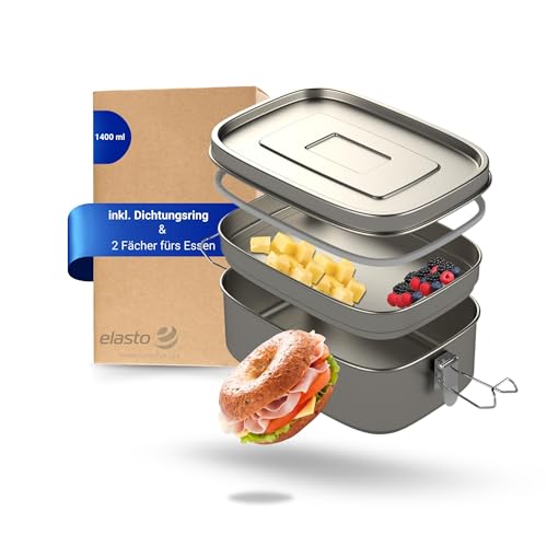 Uakeii Edelstahl Brotdose mit Trennfach | Auslaufsichere Lunchbox aus Metall Brotzeitbox mit Unterteilung für Kinder und Erwachsene – Mit Klemmbügel und Gummidichtung (1400ml) von Uakeii