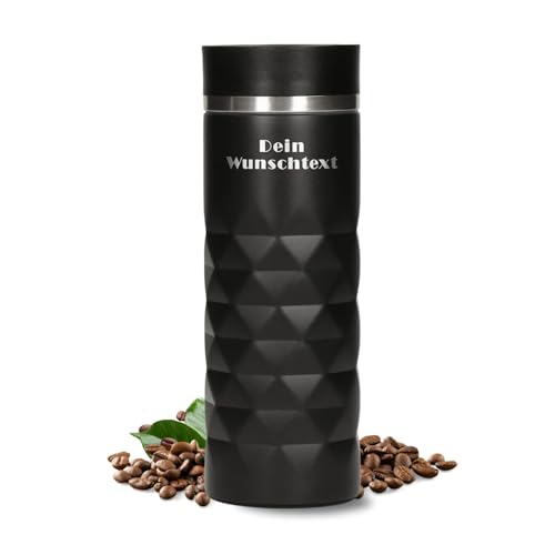 Edelstahl Thermobecher personalisiert – 100% auslaufsicherer & thermoisolierter Kaffeebecher – 450 ml Coffee to go Isolierbecher – individuelle Gravur (Onyx Schwarz) von Uakeii