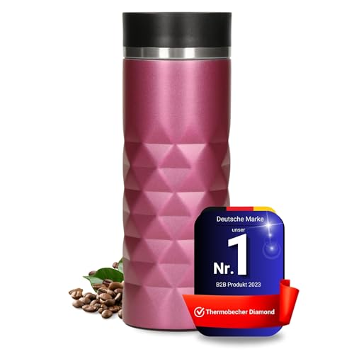 Elasto Premium Edelstahl Thermobecher mit Push-Button I 450 ml I auslaufsicherer Verschluss I heiß & kalt I BPA-frei I Thermo Kaffeebecher to go Diamond I matt glitzernd I Fuchsia Pink von Uakeii