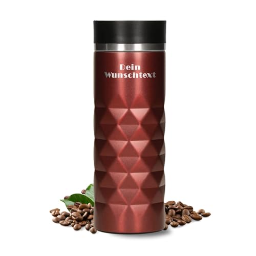 Edelstahl Thermobecher personalisiert – 100% auslaufsicherer & thermoisolierter Kaffeebecher – 450 ml Coffee to go Isolierbecher – Gravur mit Name oder Spruch (Rubin Rot) von Uakeii
