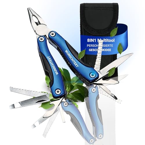 Personalisiertes Multifunktions-Taschenmesser mit Gravur - 8in1 Edelstahl Multitool Werkzeug Klappmesser mit Namen - Pefektes Geschenk für Männer zum Vatertag (Multitool blau) von Uakeii