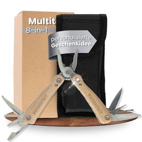 Personalisiertes Taschenmesser 'Wood' klein - Geschenk zum Vatertag - Multifunktionswerkzeug aus Edelstahl mit Buchenholzgriff - Camping Zubehör mit 8 Tools - Geschenkidee für Männer von Uakeii