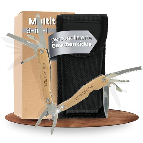 Personalisiertes Taschenmesser 'Wood' groß - Geschenk zum Vatertag - Multifunktionswerkzeug aus Edelstahl mit Buchenholzgriff - Camping Zubehör mit 9 Tools - ideal für zu Hause oder unterwegs von Uakeii