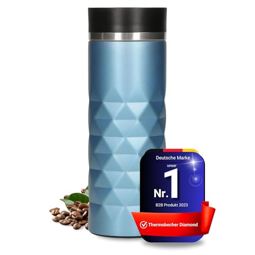 Elasto Premium Edelstahl Thermobecher mit Push-Button I 450 ml I auslaufsicherer Verschluss I heiß & kalt I BPA-frei I Thermo Kaffeebecher to go Diamond I matt glitzernd I Aquamarin Blau von Uakeii
