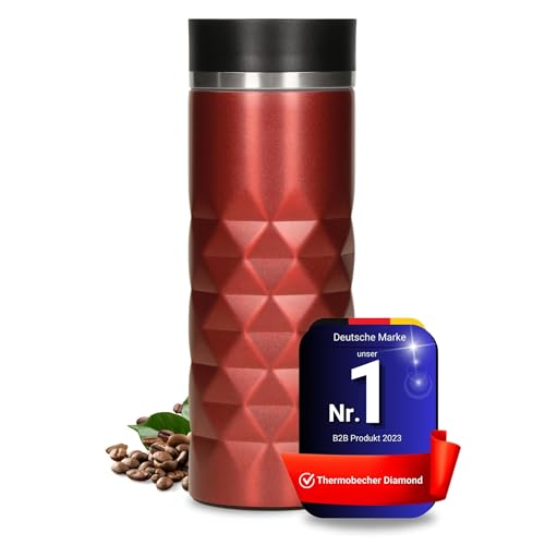 Elasto Premium Edelstahl Thermobecher mit Push-Button I 450 ml I auslaufsicherer Verschluss I heiß & kalt I BPA-frei I Thermo Kaffeebecher to go Diamond I matt glitzernd I Rubin Rot von Uakeii