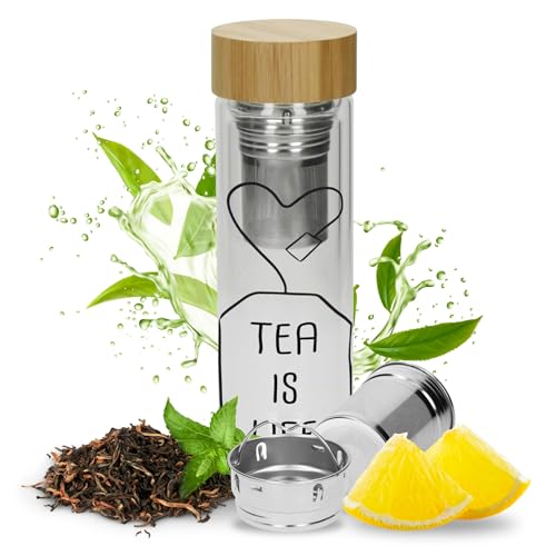 Teeflasche mit Sieb To Go 450ml mit Bambusdeckel - Glasflasche Isolierflasche doppelwandig - Perfekter Teeaufbereiter To Go - 100% BPA FREI (Tea - Motiv 2) von Uakeii